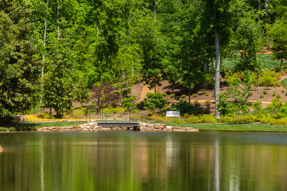 lake water landscape bridge stone bench trees