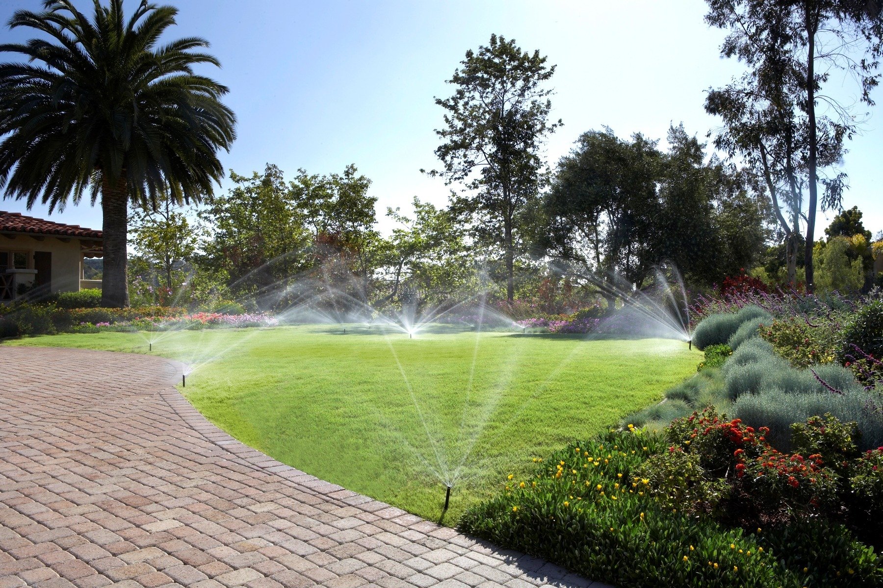 home green lawn sprinkler irrigation system spray water 1804 planting bed perennial garden paver driveway