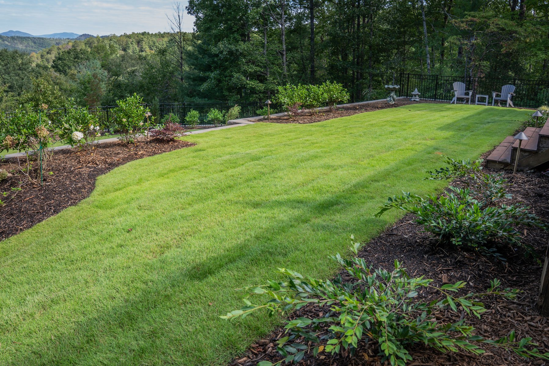 nice grass lawn mulch plants bed seating mountain