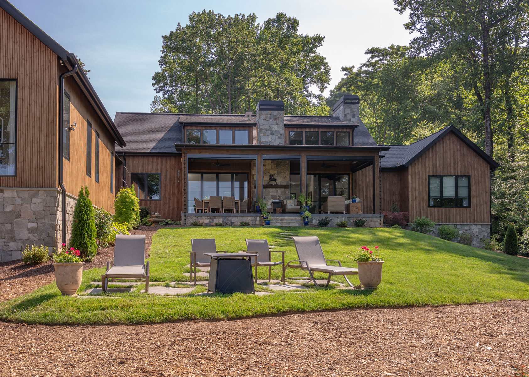 nice grass steppers stone mulch backyard home seating patio after