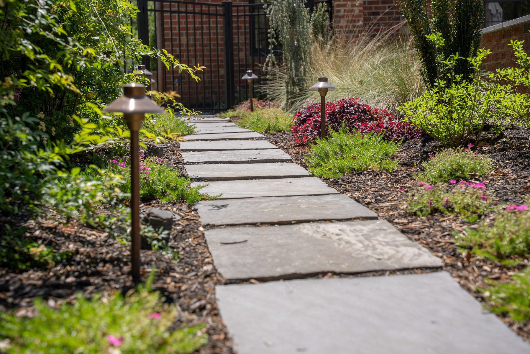 stone steppers lights mulch bed plants